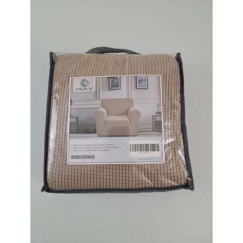 CHUN YI Stretch Chair Slipcover 1 Piece Cover 1 Seater Camel Tan Check NEW